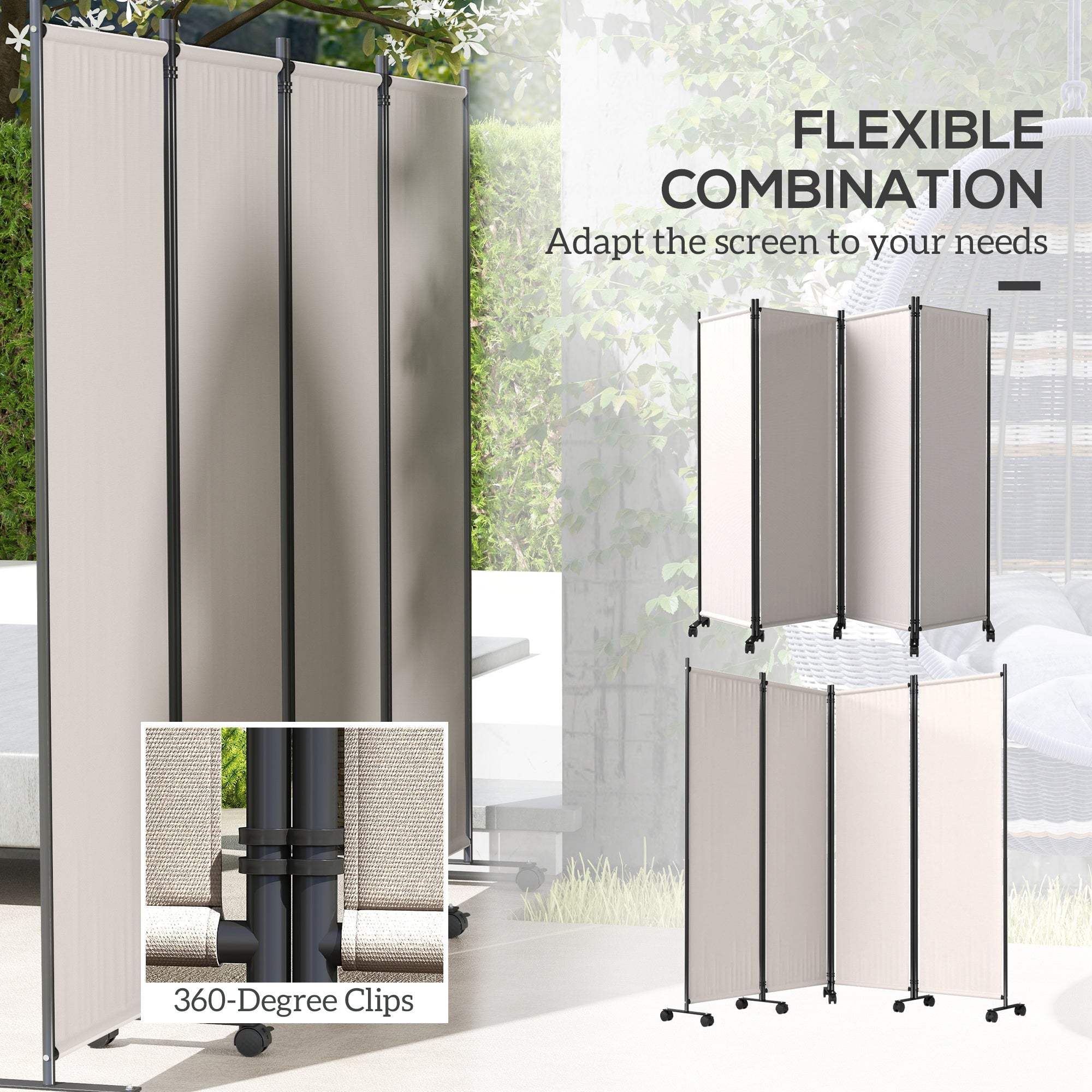 Outsunny Folding Room Divider with Castor Wheels, Rolling Privacy Screen for Patio Backyard Pool Hot Tub, 5.6ft Tall 