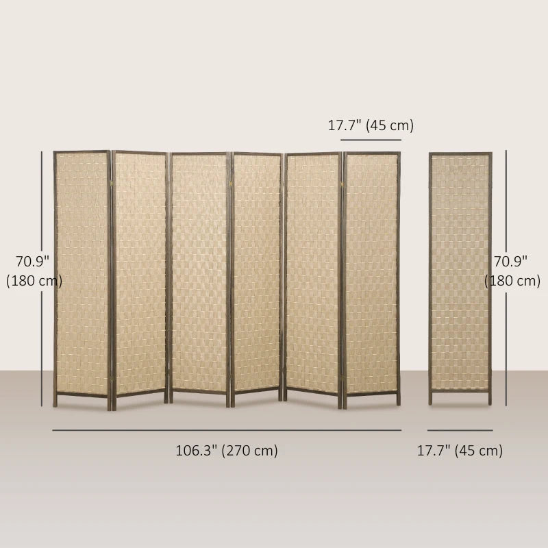 6 FT Room Divider, 6 Panel Folding Privacy Screen, Lightweight Handwoven Freestanding Partition for Home Office, Brown