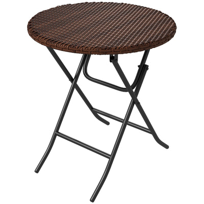 Outsunny Foldable Rattan Side Table Outdoor PE Wicker End Table Φ23.6" x 27.6" H Brown Patio Furniture 