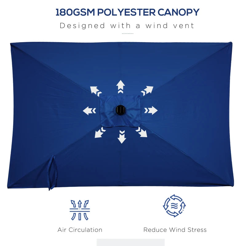 6' x 10' Patio Umbrella with 22 LED Solar Lights and Tilt, Rectangular Outdoor Table Umbrella with Crank, Dark Blue