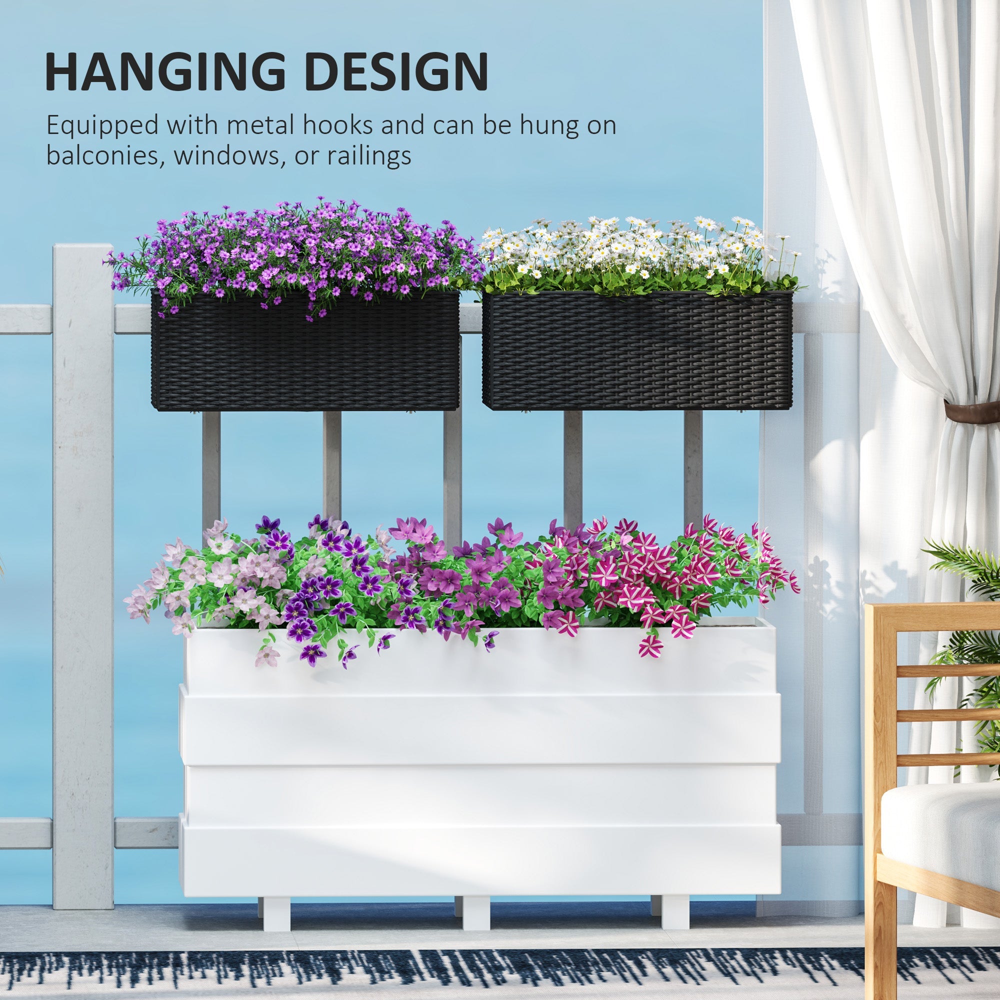 Outsunny 2 Pack 20 Inch Self-Watering Hanging Flower Pots, Railing Planter Box for Fence, Garden, Rattan Look, Black 