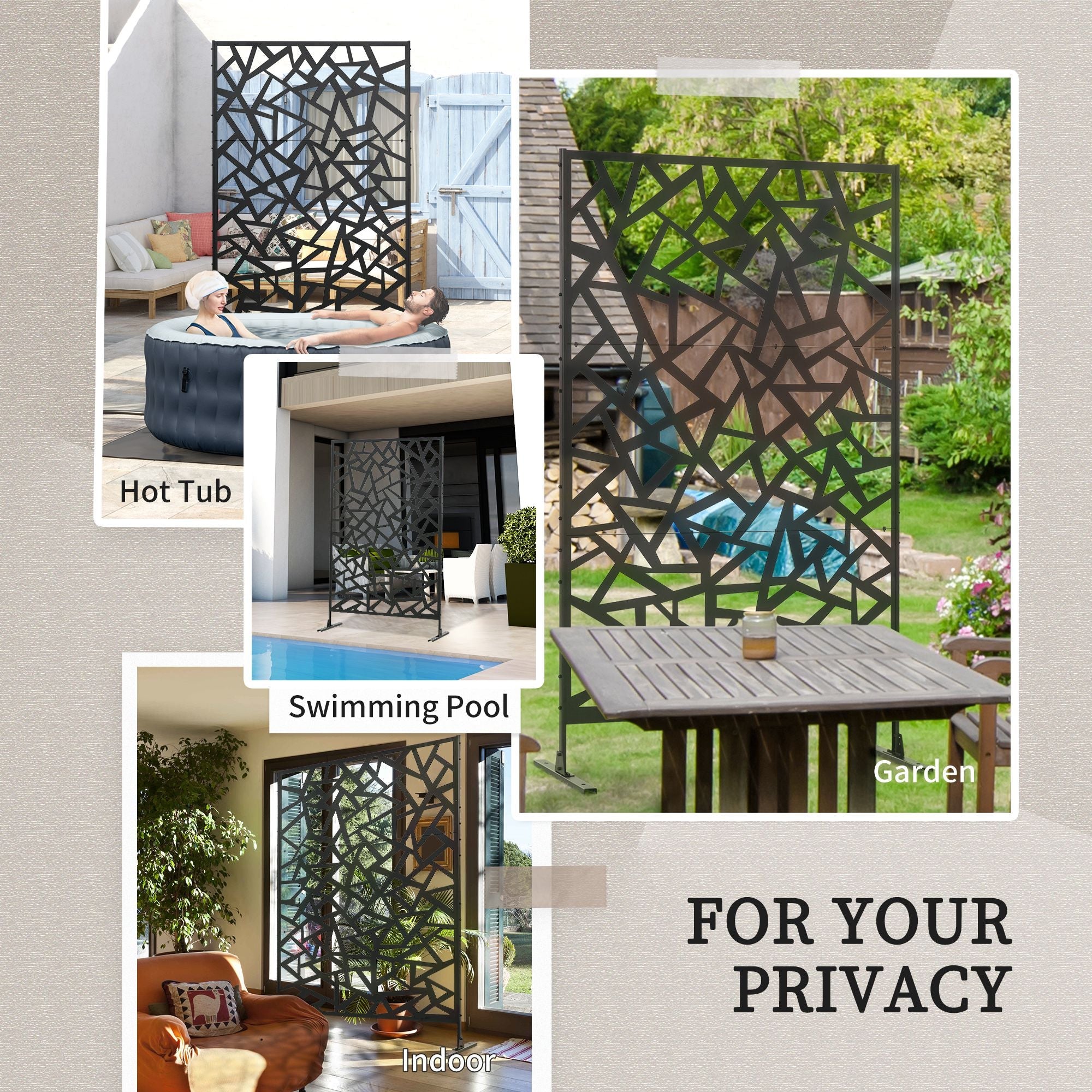 Outsunny Metal Outdoor Privacy Screen Decorative Divider with Stand Ground Stakes for Garden Backyard Black 