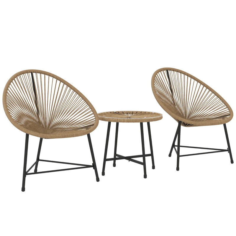 Outdoor Bistro Set, 3 Piece Wicker Patio Furniture Set with Acapulco Chairs and Glass-Top Table, Natural Wood