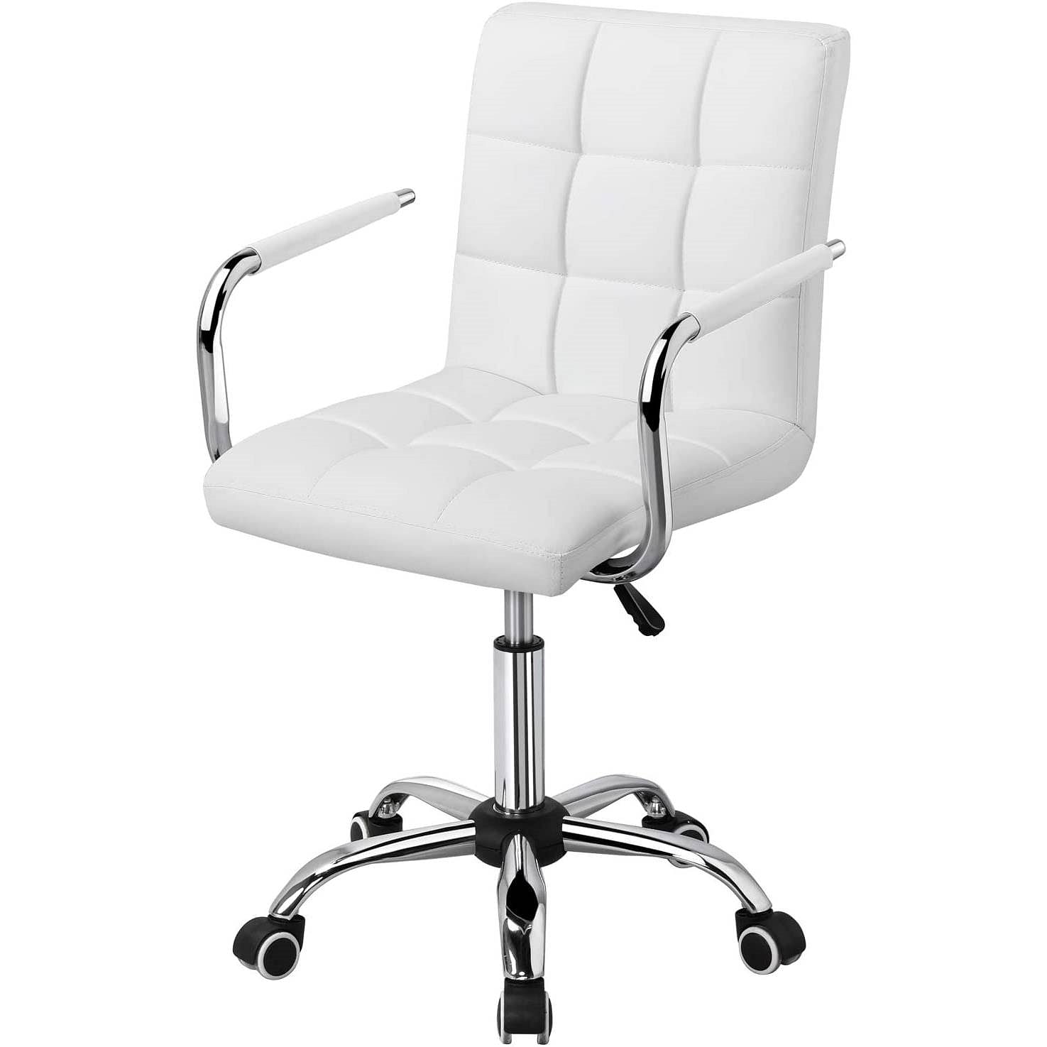 White Modern Faux Leather Mid-Back Swivel Office Chair with Armrests and Wheels - Free Shipping