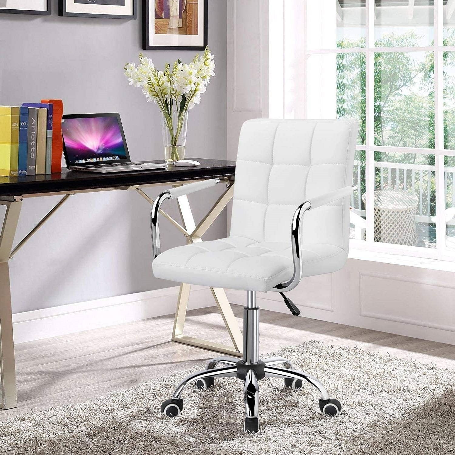 White Modern Faux Leather Mid-Back Swivel Office Chair with Armrests and Wheels - Free Shipping