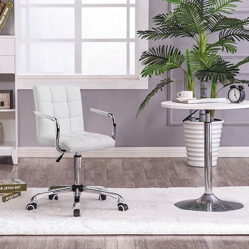 White Modern Faux Leather Mid-Back Swivel Office Chair with Armrests and Wheels - Free Shipping