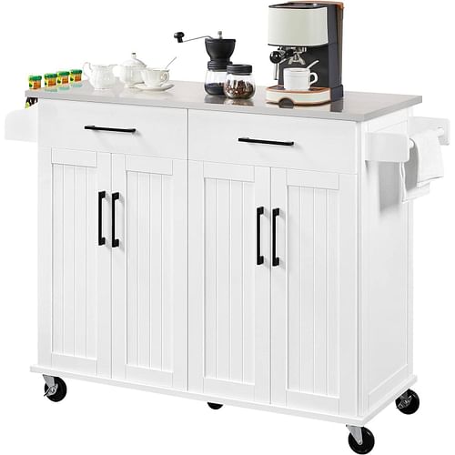 White Kitchen Cart Island with Stainless Steel Top 2 Drawers and Cabinet - Free Shipping