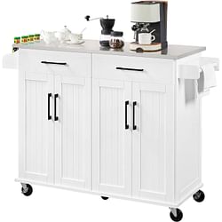 White Kitchen Cart Island with Stainless Steel Top 2 Drawers and Cabinet - Free Shipping 