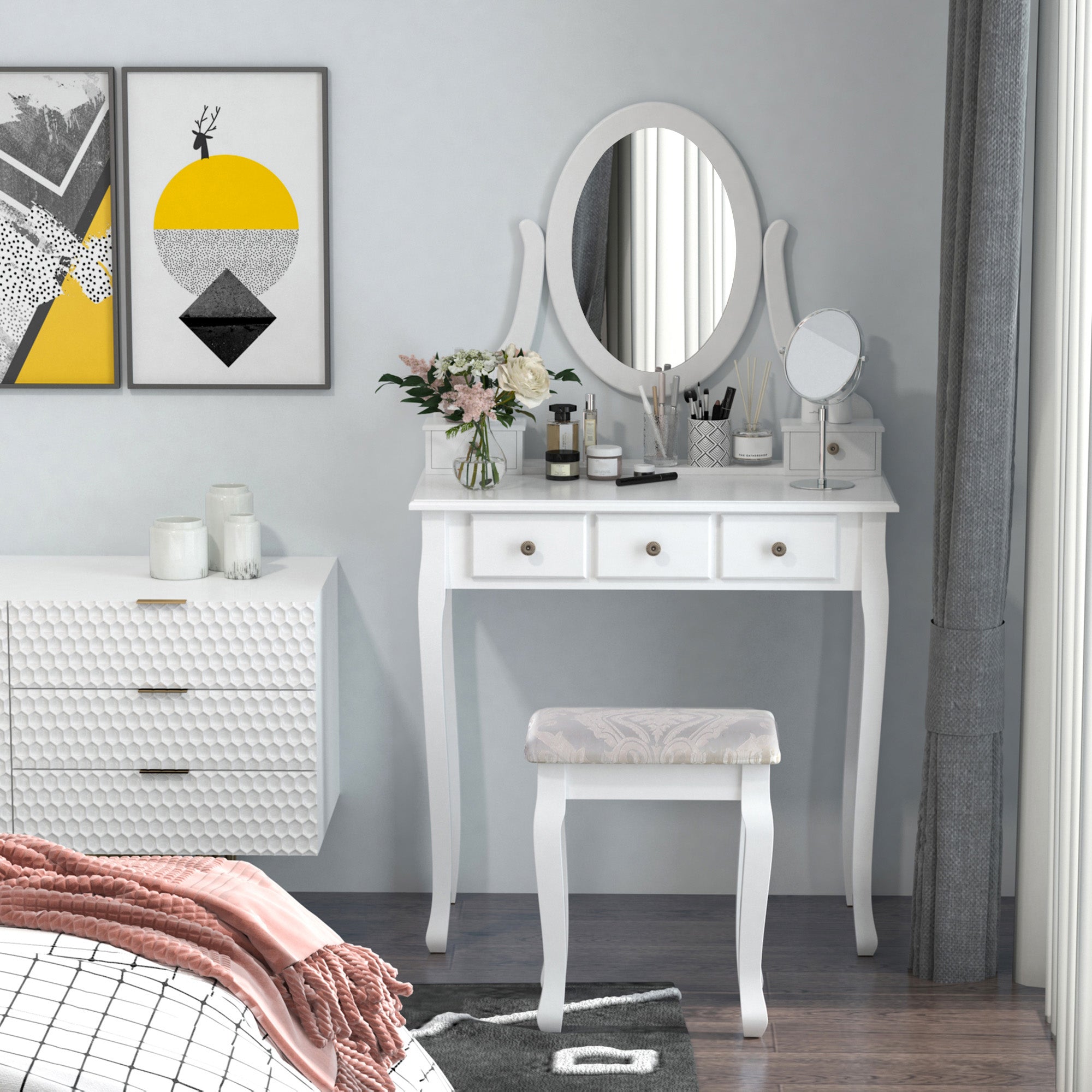 HOMCOM Wooden Vanity Table Set, Makeup Dressing Table with 360° Rotating, 5 Drawers and Padded Stool, White 