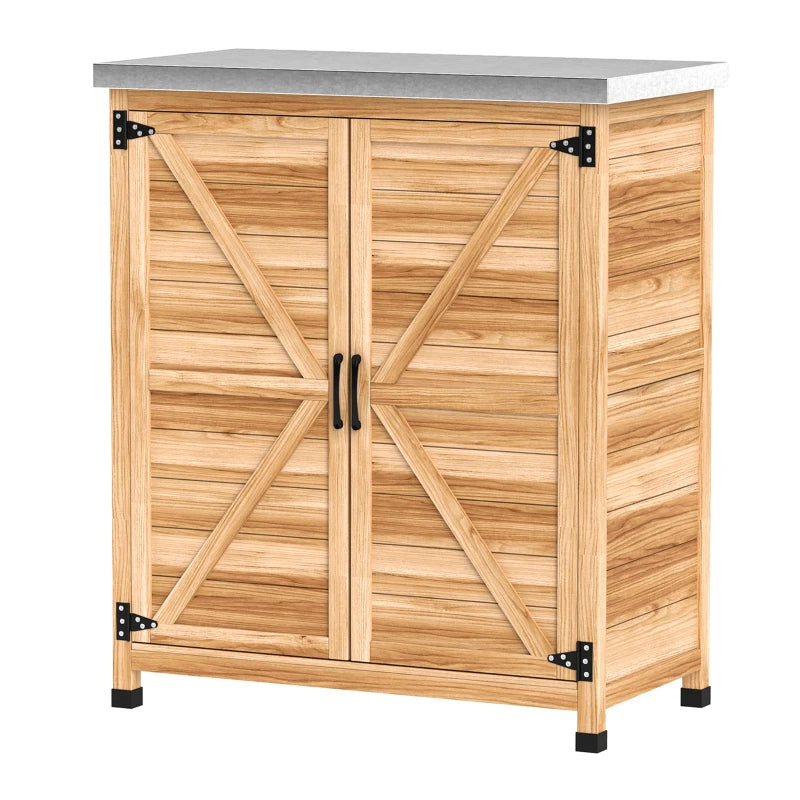 Garden Storage Cabinet, Outdoor Potting Bench Table with Metal Tabletop, Shelf and Double Doors, Natural