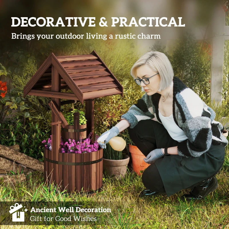 Wood Wishing Well Outdoor Wooden Planter with Hanging Bucket and Drainage Hole for Garden, Patio, Backyard, Tan