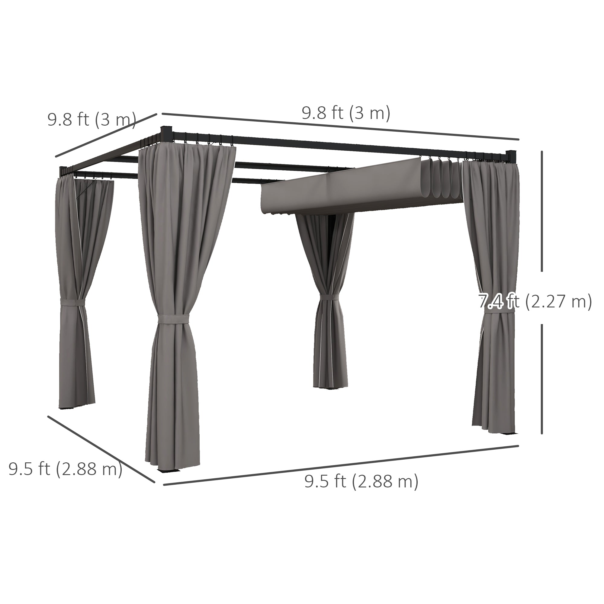 Outsunny 10' x 10' Retractable Pergola, Garden Gazebo Shelter with Curtains, for Grill, Patio, Deck, Light Grey 
