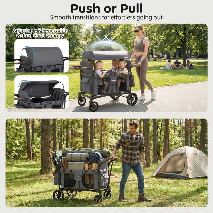 Wagon Stroller for 4 Kids – Foldable 4-Seater Push & Pull Toddler Wagon (Gray)