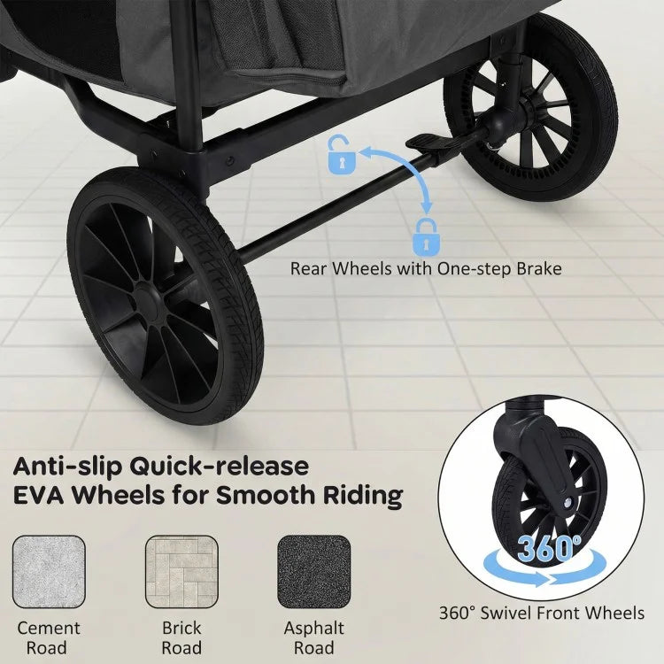 Wagon Stroller for 4 Kids – Foldable 4-Seater Push & Pull Toddler Wagon (Gray)