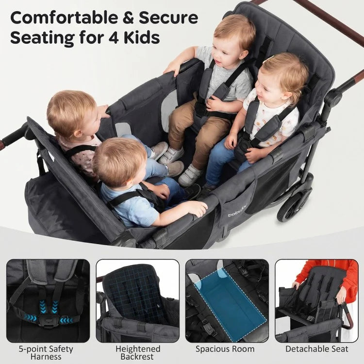Wagon Stroller for 4 Kids – Foldable 4-Seater Push & Pull Toddler Wagon (Gray)