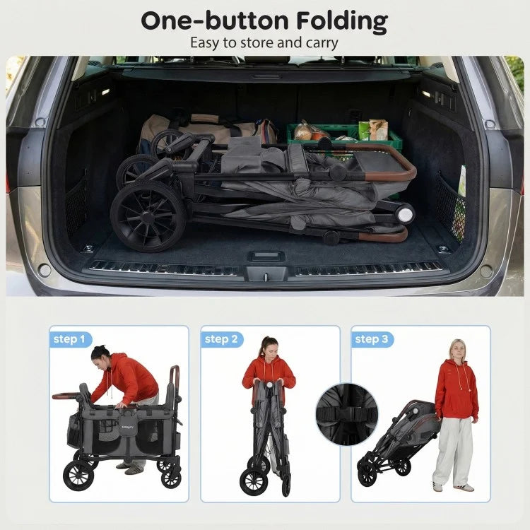 Wagon Stroller for 4 Kids – Foldable 4-Seater Push & Pull Toddler Wagon (Gray)