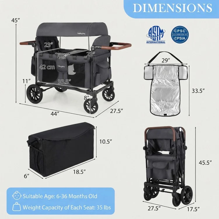 Wagon Stroller for 4 Kids – Foldable 4-Seater Push & Pull Toddler Wagon (Gray)