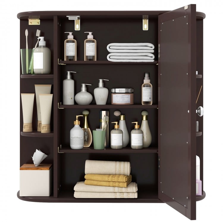 Wall-Mounted Bathroom Mirror Cabinet with Storage Shelves-Brown