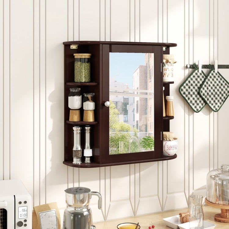 Wall-Mounted Bathroom Mirror Cabinet with Storage Shelves-Brown