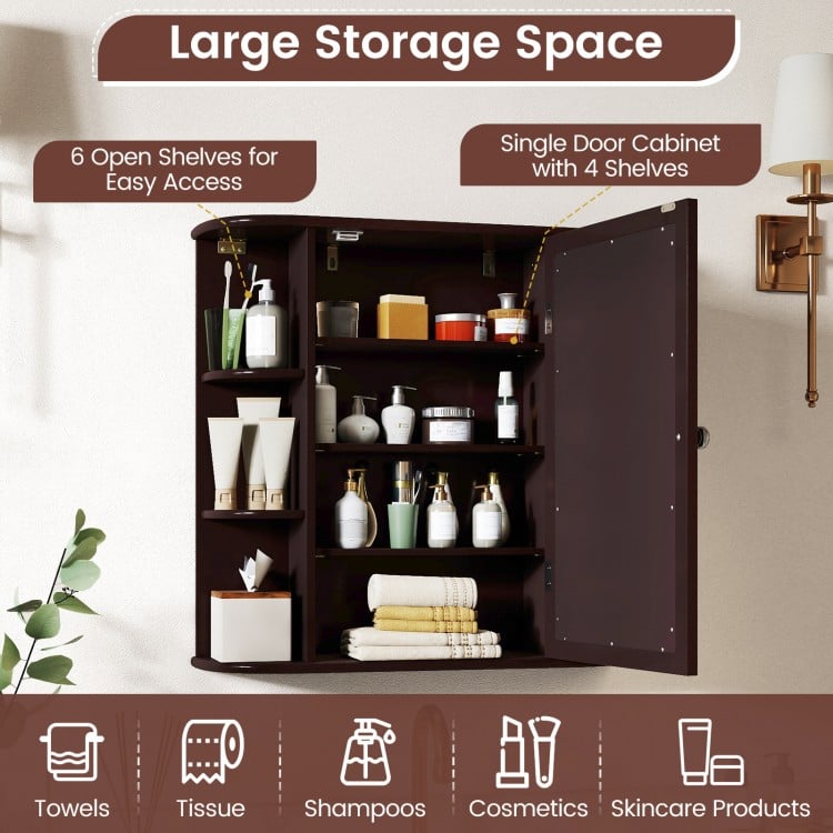 Wall-Mounted Bathroom Mirror Cabinet with Storage Shelves-Brown