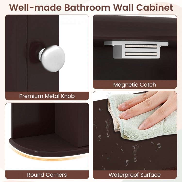 Wall-Mounted Bathroom Mirror Cabinet with Storage Shelves-Brown