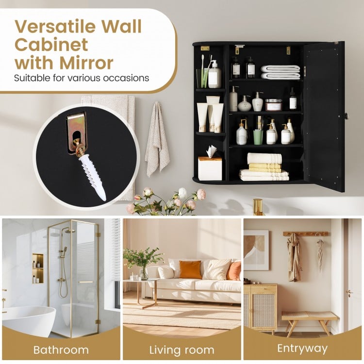 Wall-Mounted Bathroom Mirror Cabinet with Storage Shelves-Black