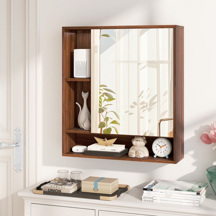 Wall Mounted  Bathroom Cabinet with Mirror Single Door-Walnut