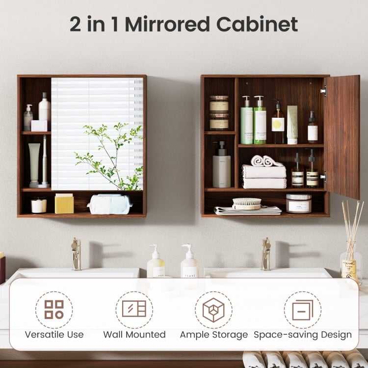 Wall Mounted  Bathroom Cabinet with Mirror Single Door-Walnut