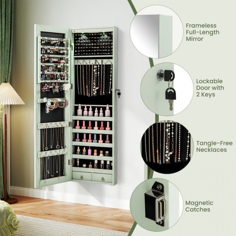 Wall and Door Mounted Mirrored Jewelry Cabinet with Lights-Green