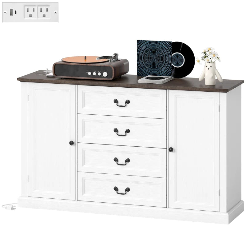 Farmhouse Sideboard with Charging Station, 58" Buffet Cabinet, Kitchen Storage Cabinet with 4 Drawers, 2 Doors, White