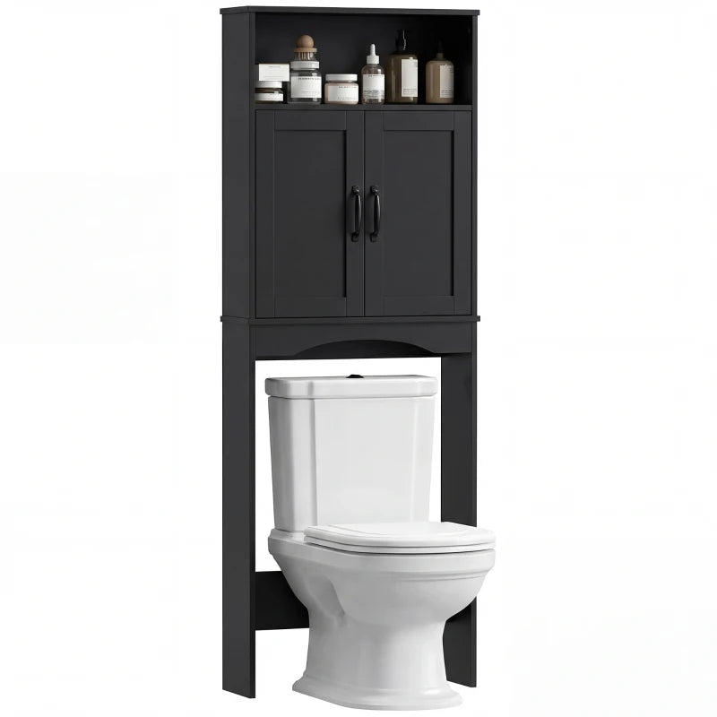 Over the Toilet Storage Cabinet Freestanding Bathroom Organizer with 2 Doors and Open Shelf Black
