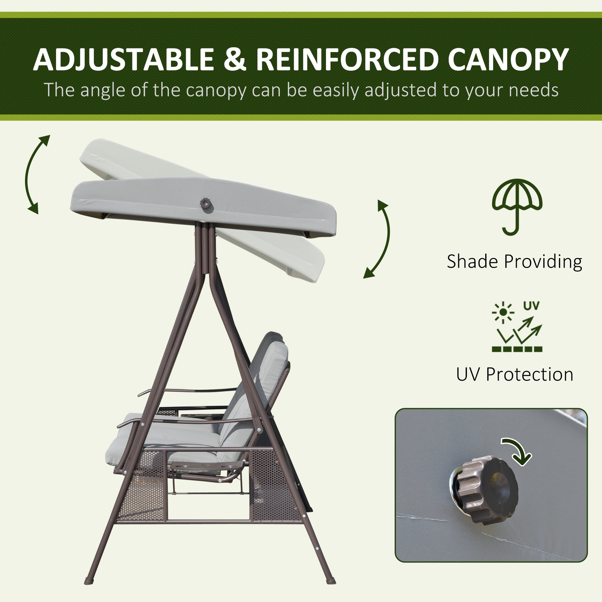 Outsunny Outdoor Patio 3-Person Steel Canopy Cushioned Seat Bench Swing with Included Side Trays & Padded Comfort, Light Grey 