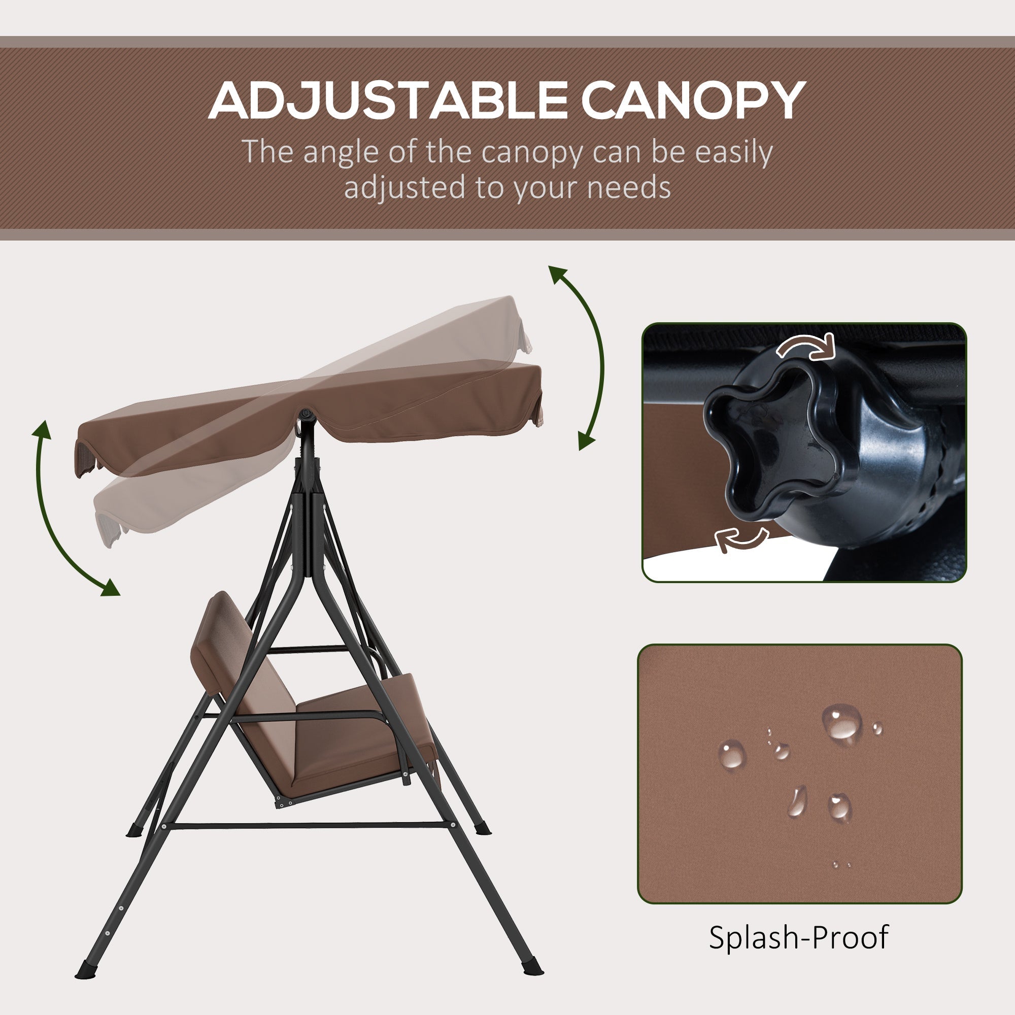 Outsunny 3-Seater Outdoor Porch Swing with Adjustable Canopy, Patio Swing Chair for Garden, Poolside, Backyard, Brown 