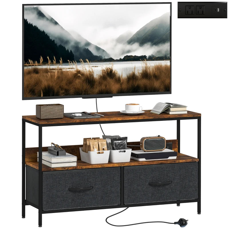 TV Stand with Charging Station, TV Table with 2 Foldable Linen Drawers and Open Shelf for 47 Inch TV, Rustic Brown