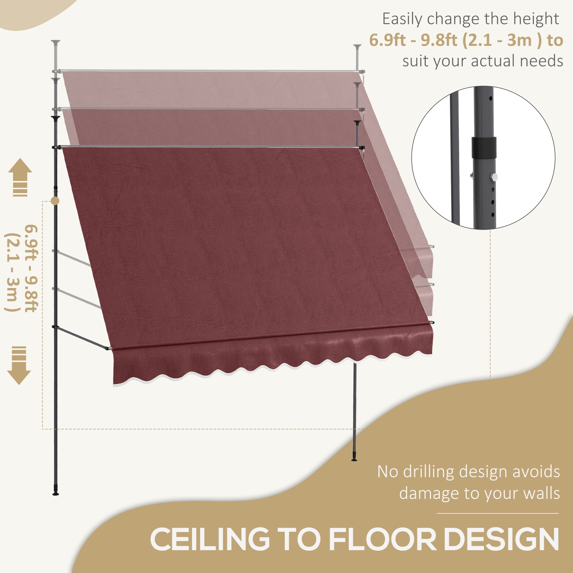 Outsunny Shade Perfection: Freestanding 10'x4' Manual Retractable Patio Awning, Non-Screw UV Protection Window Door Sunshade, Wine Red 