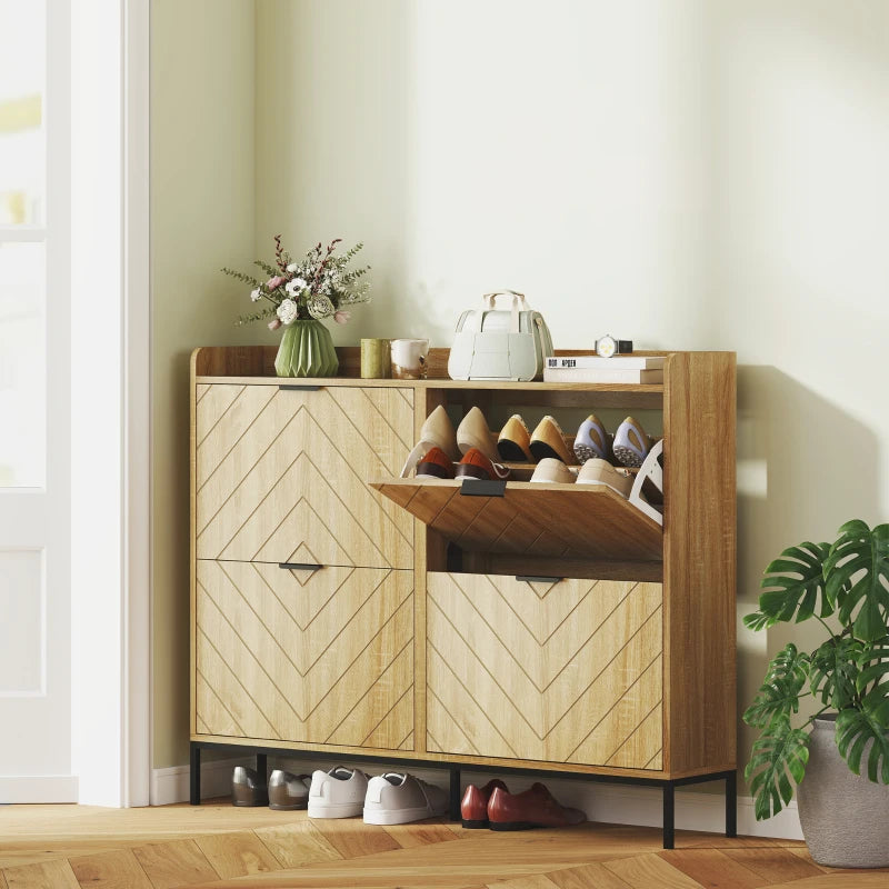 Narrow Shoe Storage Cabinet, Modern Slim Shoe Cabinet with 4 Flip Drawers, 16 Pairs of Shoes for Hallway, Entryway, Oak