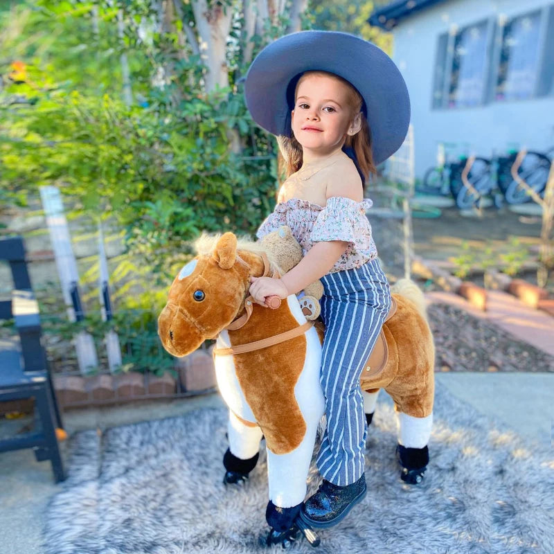 Qaba Kids Rocking Horse, Large Walking  Ride on Toy  for Toddlers 3 year old, Baby Plush Animal Rocker with Sound and Wheel, Brown