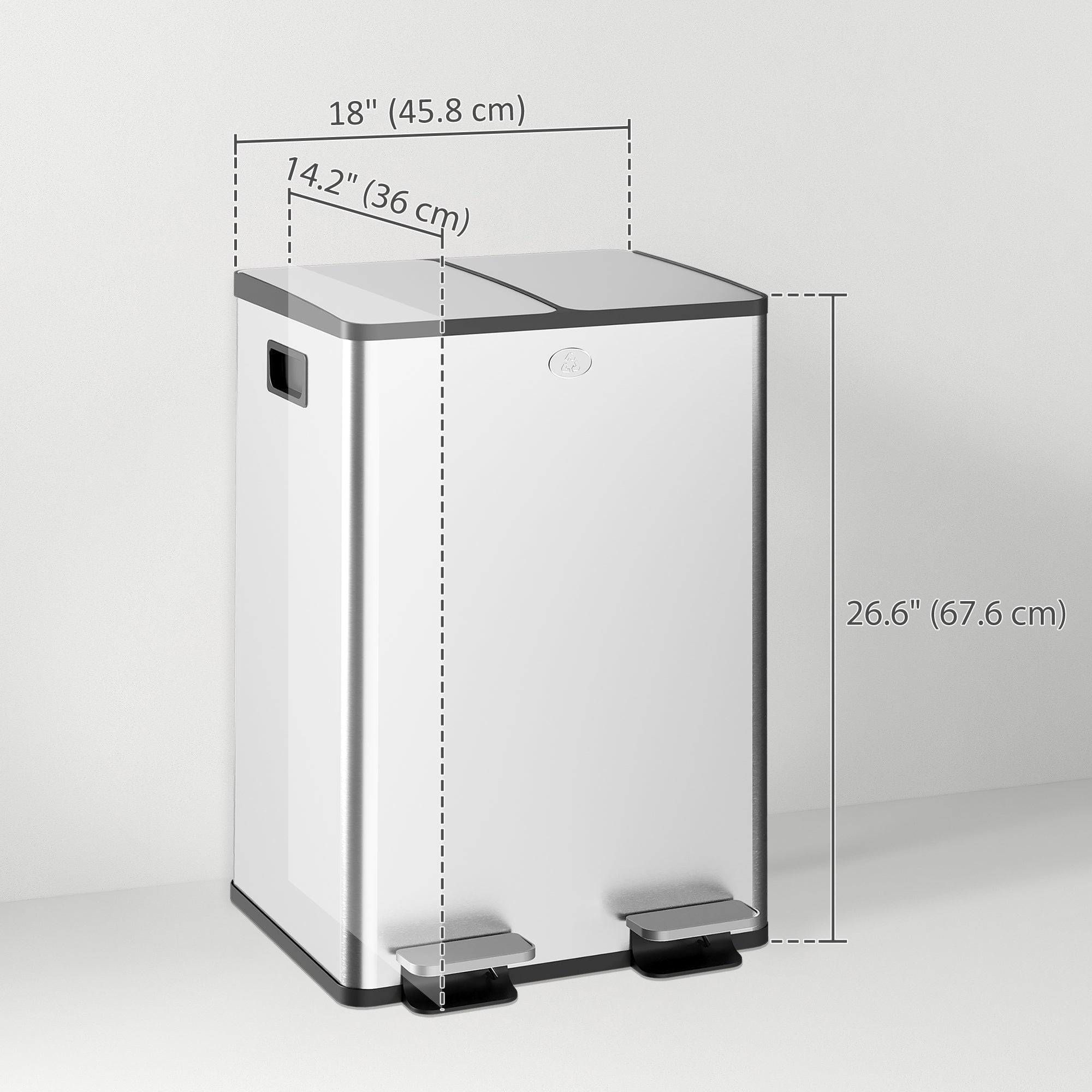 HOMCOM Dual Garbage Bin, Soft-Close Trash Can with Foot Pedal, 2 x 28 Liter Garbage Can with Removable Inner Buckets, Silver 