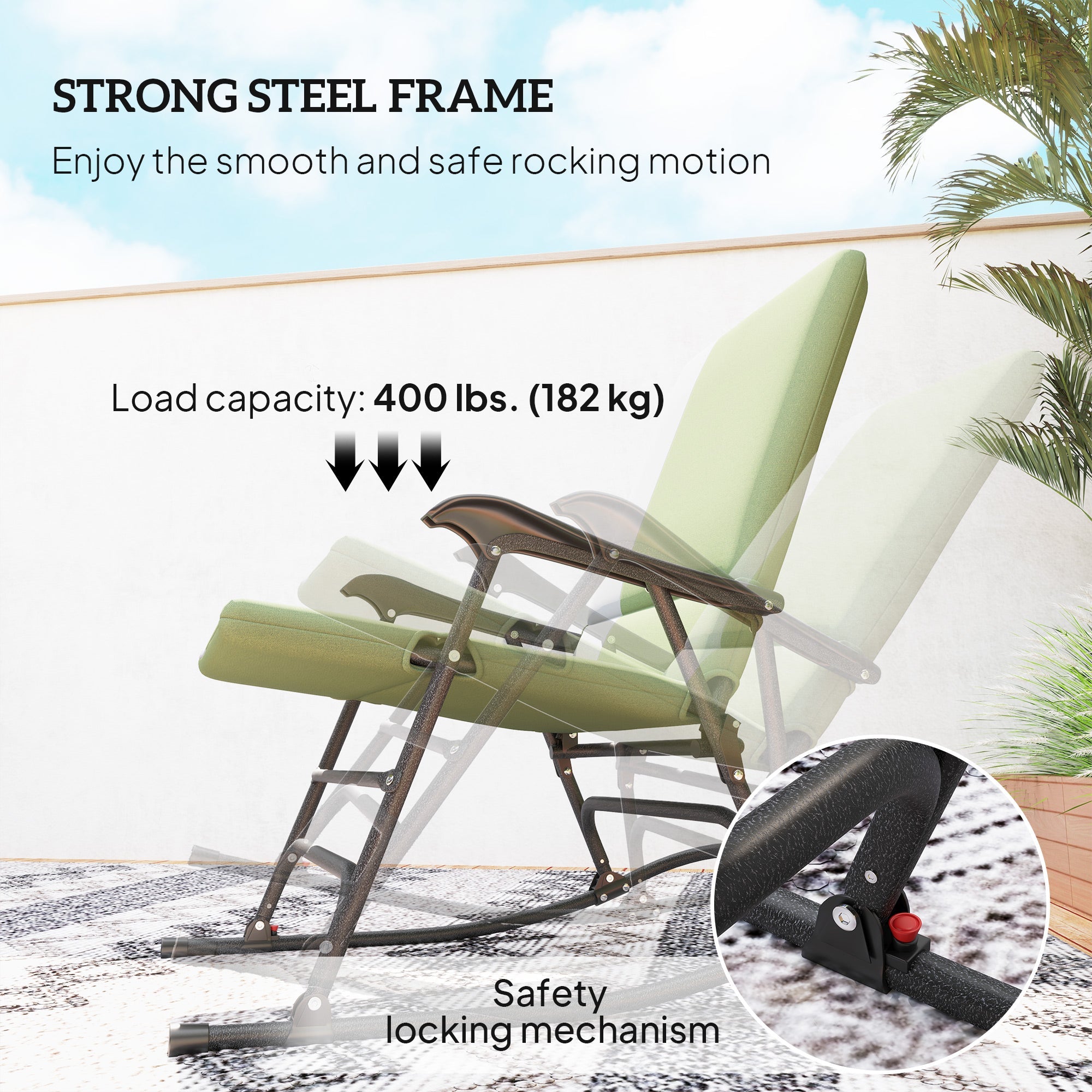 Outsunny Folding Rocking Chair Set, Oversized Outdoor Rocking Chair with 400 lbs Capacity, Wide Seat, Padded High Back, Green 