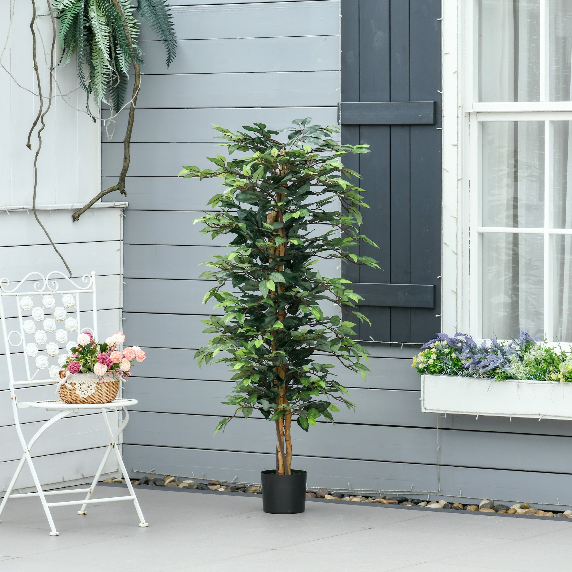 HOMCOM 5FT Artificial Ficus Faux Decor: Fake Tree in Nursery Pot for Indoor Outdoor 
