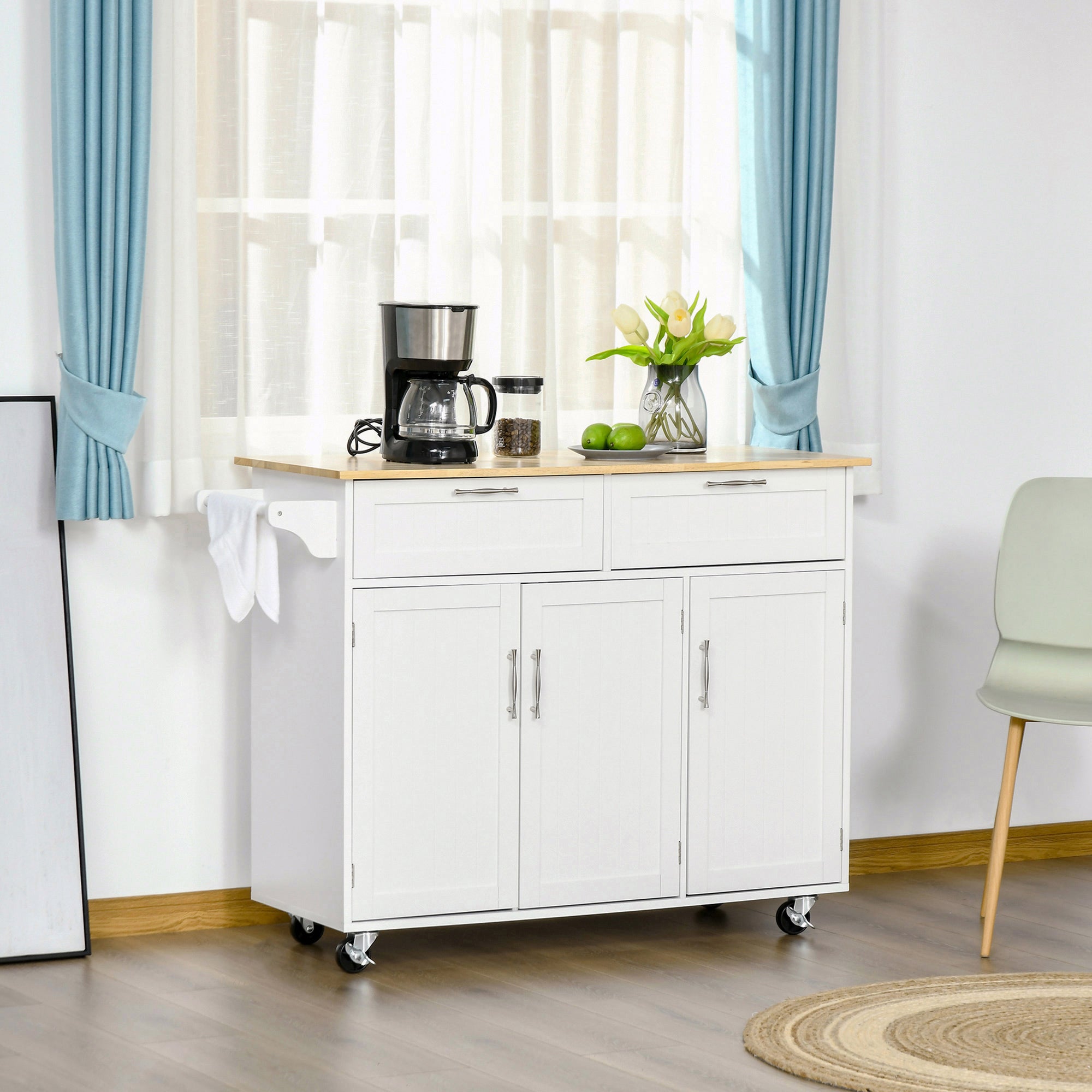 HOMCOM Kitchen Serving Cart: Island, Utility Storage, Drawers, Cabinets, Dining Room, White 