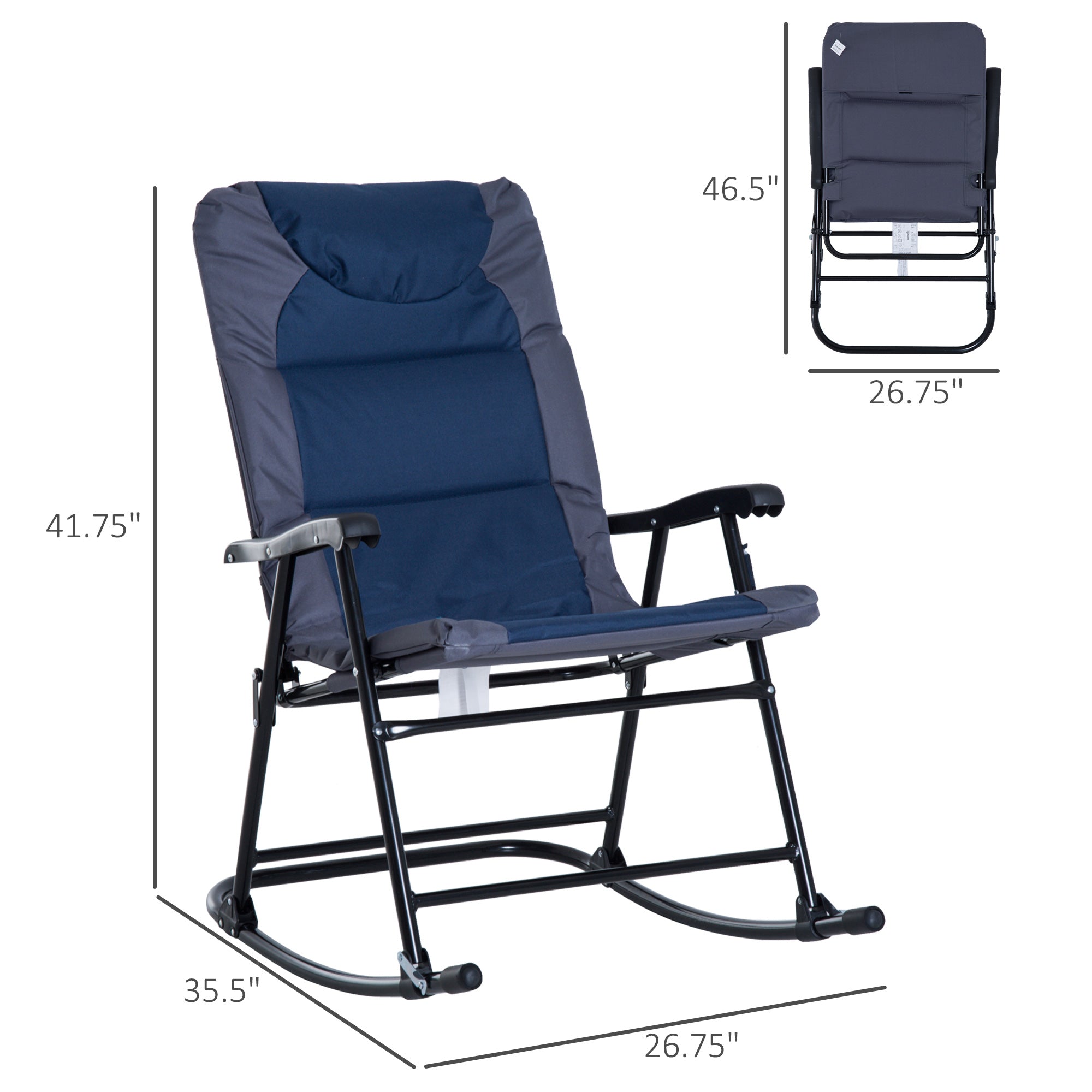 Outsunny Folding Rocking Chair Set 2 Pack Padded with Armrest Navy Blue Grey for Outdoor Comfort 