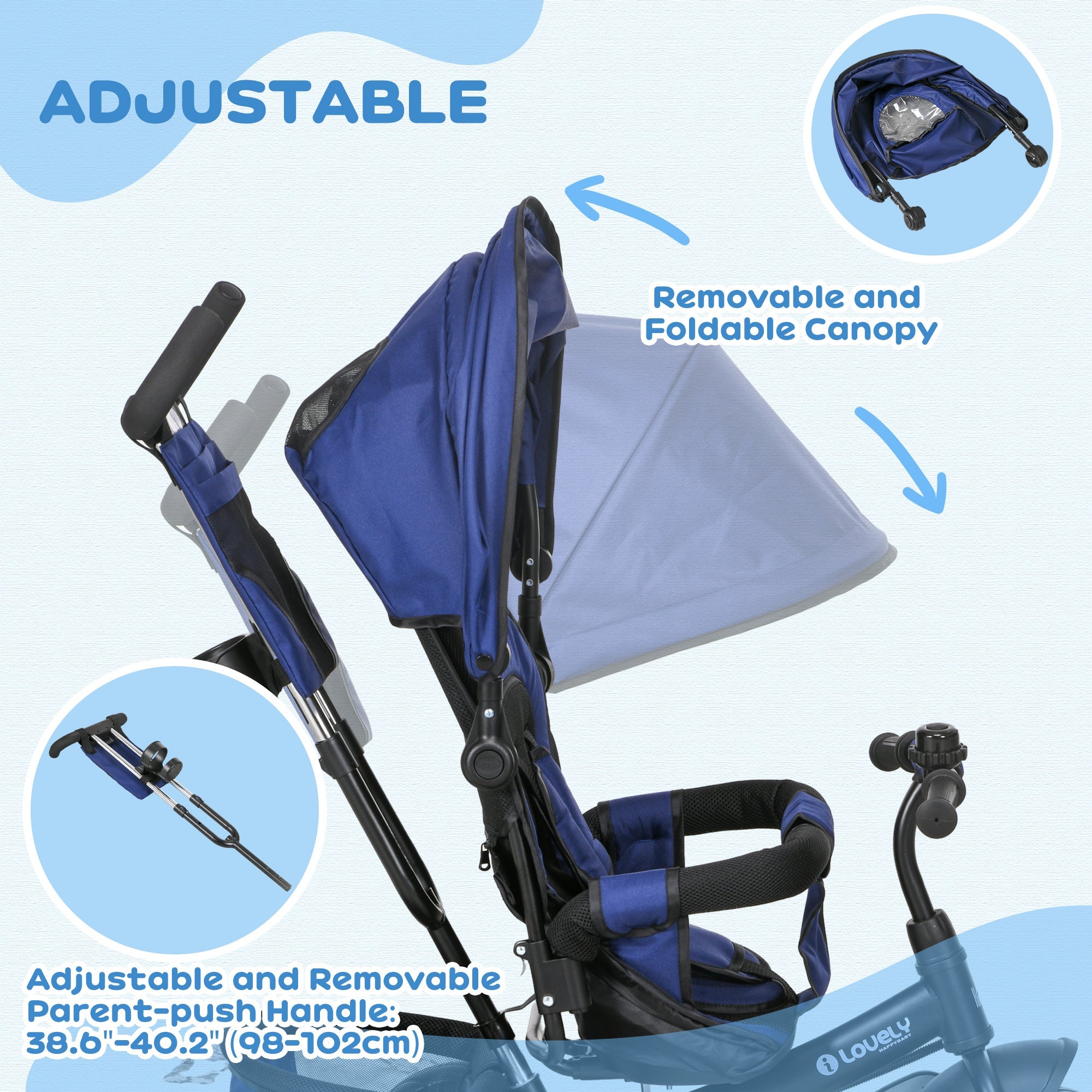 Qaba 6-in-1 Convertible Tricycle for Toddlers 1-5 Years - Parent-Push Handle, Dark Blue, Perfect Outdoor Ride 