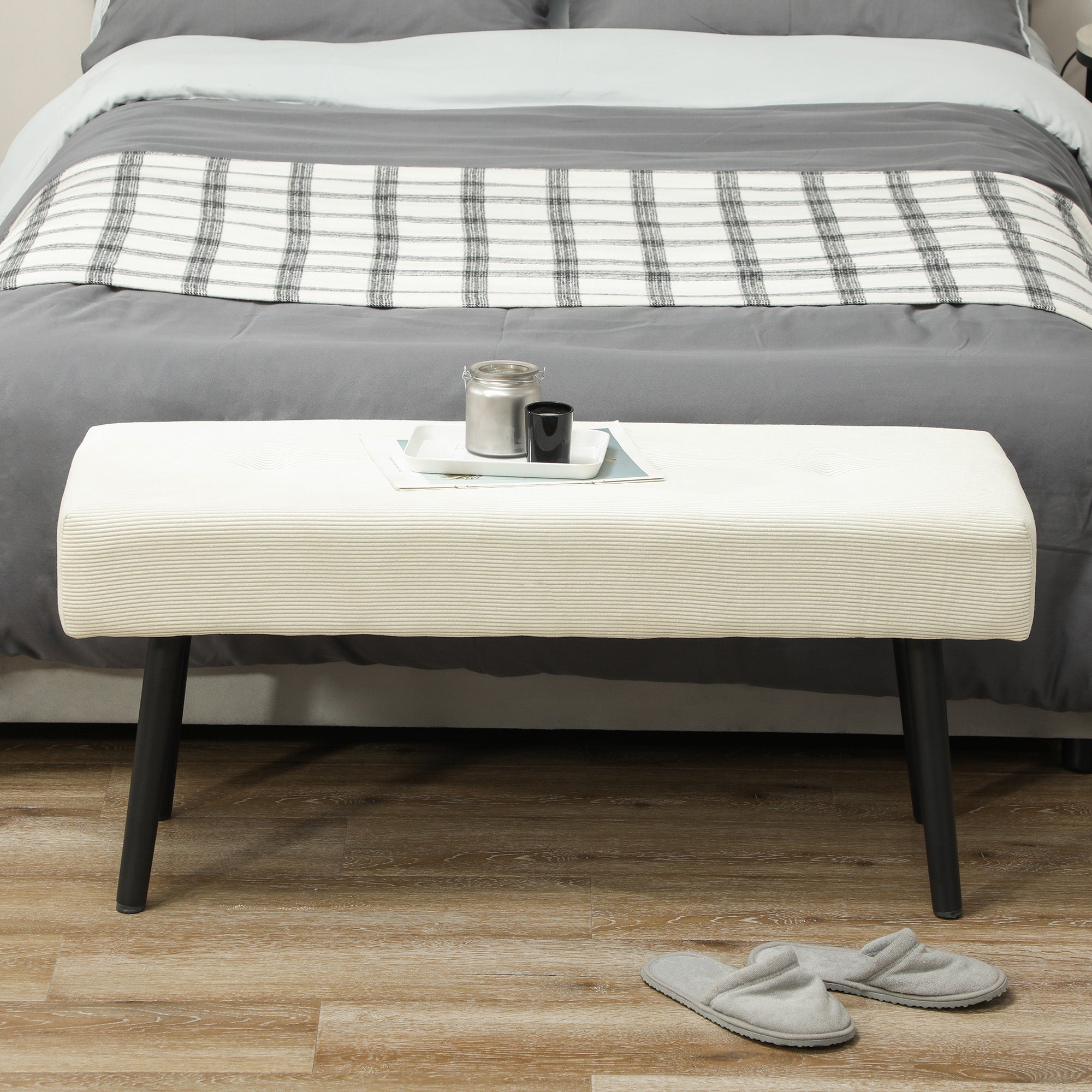 HOMCOM 39" Upholstered Ottoman Bench, Corduroy Entryway Bedroom Bench with Padded Seat and Steel Legs for Bedroom, Cream White 