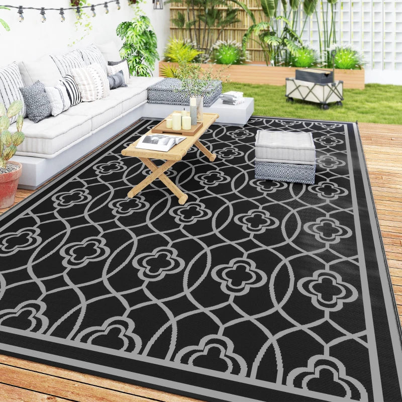 9' x 18' Outdoor RV Rug, Reversible Patio Floor Mat with Carry Bag, Lantern, Black and Grey