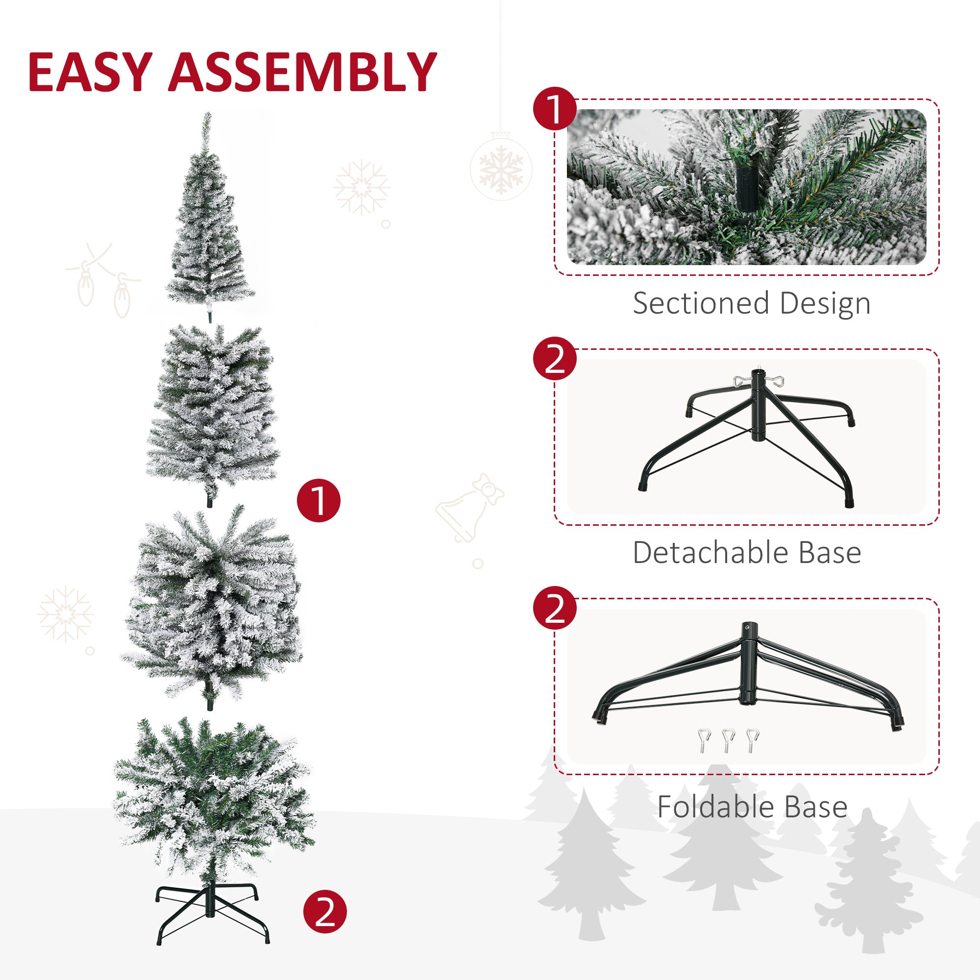 HOMCOM 7.5ft Snow Flocked Pencil Christmas Tree Artificial Slim Xmas Tree with Realistic Branch Tips Folding Metal Stand 