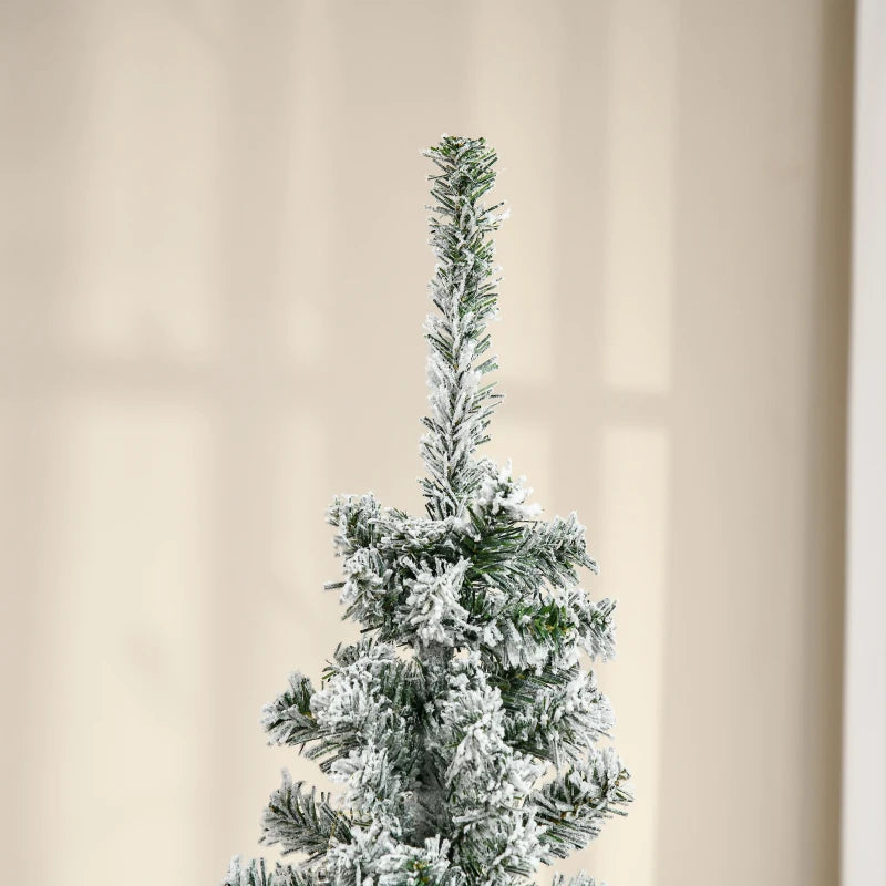 HOMCOM 6ft Flocked Christmas Tree, Pencil Artificial Xmas Tree with Faux Snow, Dense Branches, Foldable Metal Base for Indoor Holiday Decor