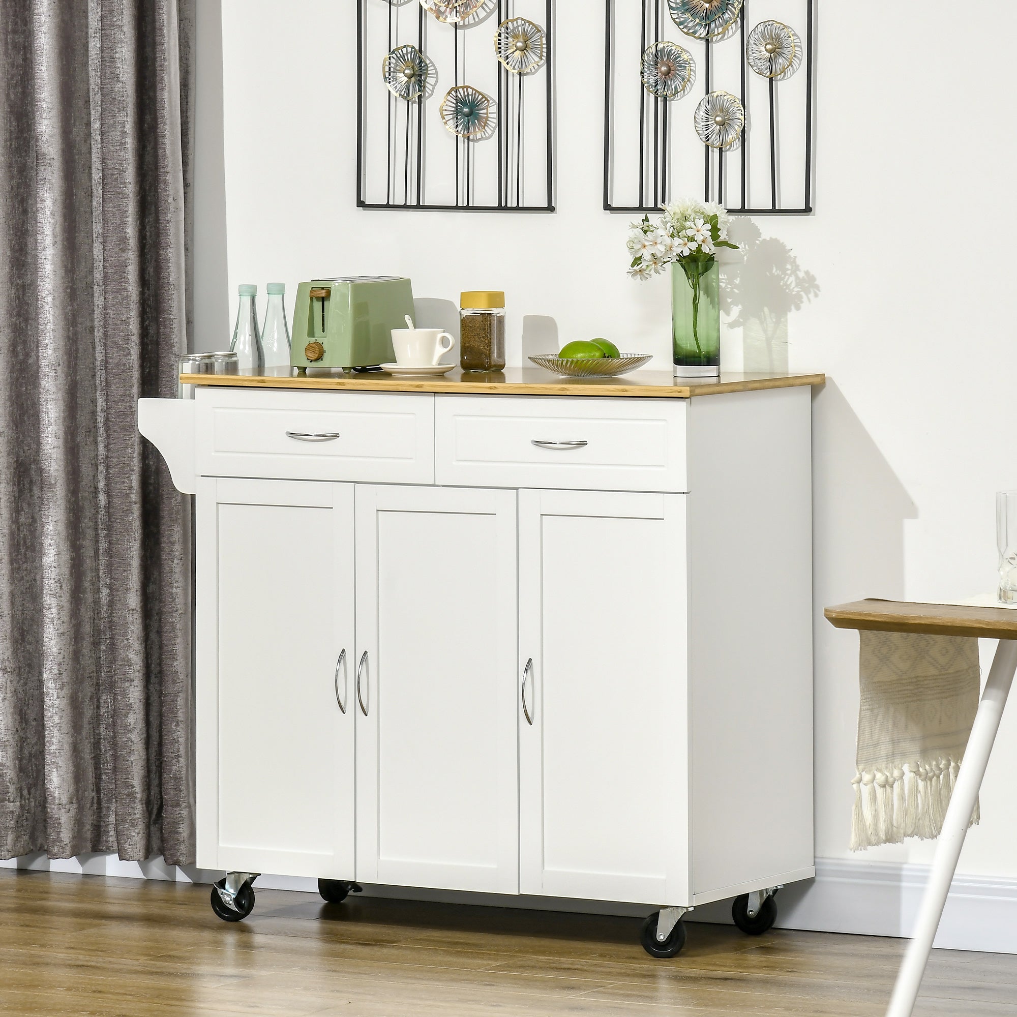 HOMCOM Rolling Kitchen Island: Large Bamboo Top, 2 Cabinets with Drawers & Adjustable Shelves, White 