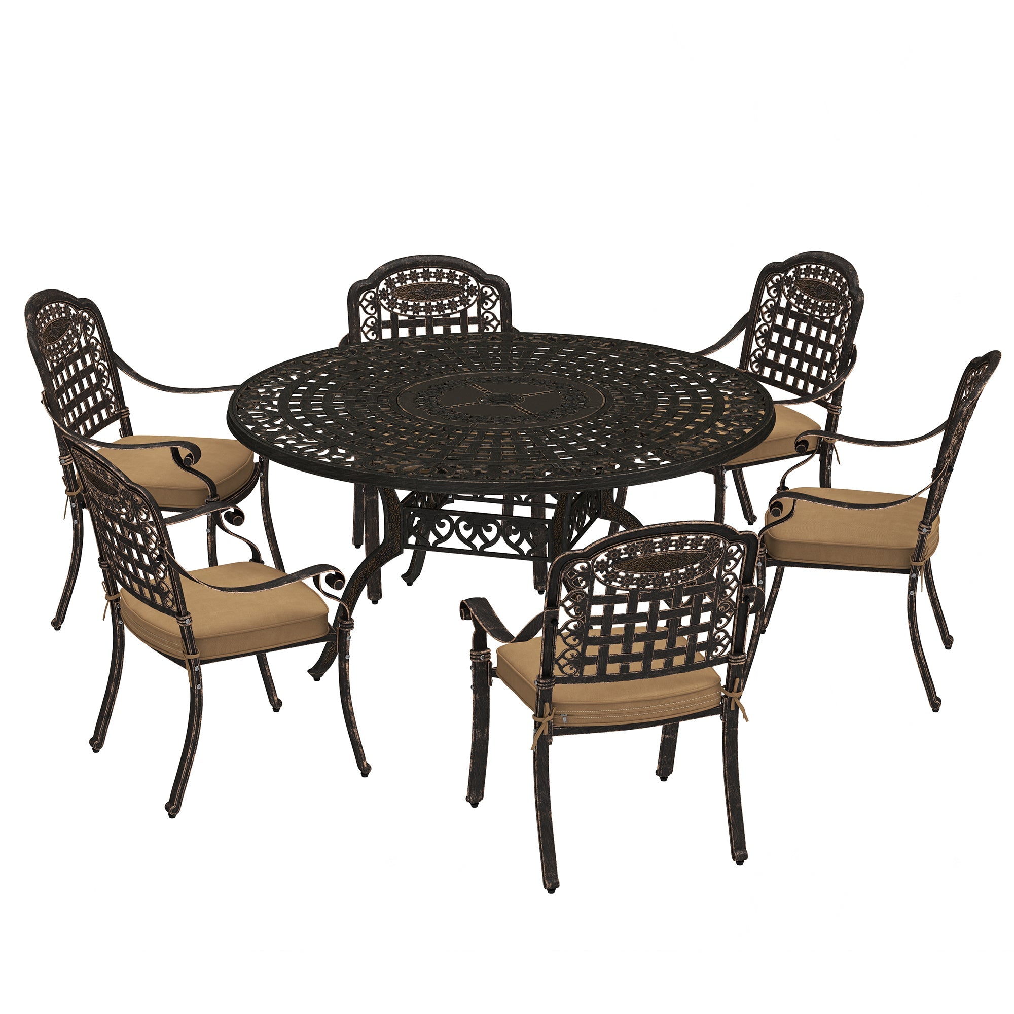 Outsunny 7 Pieces Outdoor Dining Set for 6, Aluminum Patio Table and Chairs Furniture Set with Umbrella Hole, Cushions, Bronze 