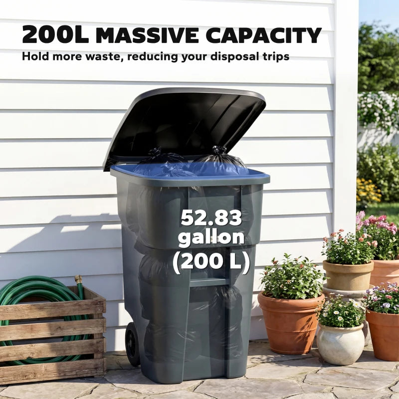 Outdoor Garbage Bin with Lid and Wheels, 53 Gallon Large Trash Can Garbage Can with Handle for Patio, Yard, Dark Grey